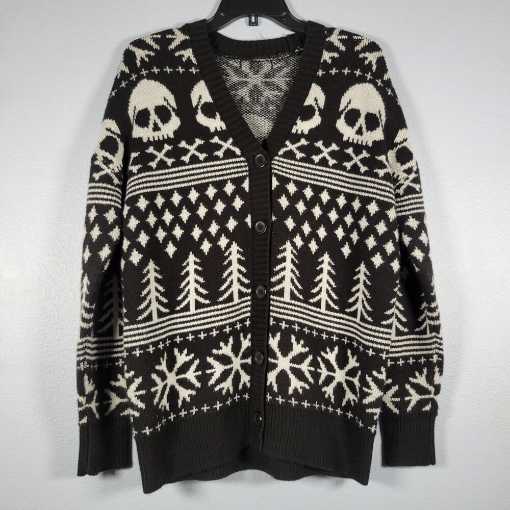 Hot Topic Skulls Bones Fair Isle Cardigan Oversized Gothic Christmas Whimsigoth
